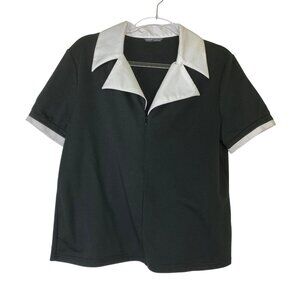Black & White Short Sleeve Collared Shirt Size Large Classic Stretchy Cute Y2K